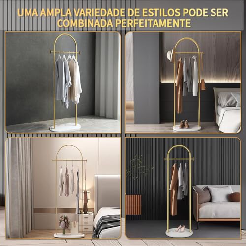 Rack Vertical de Casaco, Arara de Roupas, Cabideiro de Chão, Arara Cabideiro, com Base de Mármore, Prateleiras de Roupas com Prateleiras, 168 x 40cm, Dourado
