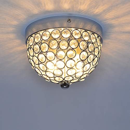 SPARKSOR Modern Flush Mount Crystal Ceiling Light, 2-Light Small Chandelier Close to Ceiling Light Fixtures for Bedroom, Entryway, Foyer, Hallway, Dining Room, Chrome Finish Bowl Shape Shade G9
