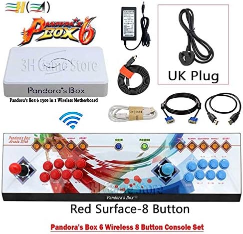 Cholyme LLC 1 Set 8 Button Pandora Box 6 1300 in 1 Wireless Iron Console Set 2 Players Arcade Controller Support FBA mame ps1 3D can add 3000 Game 8b Wireless red UK