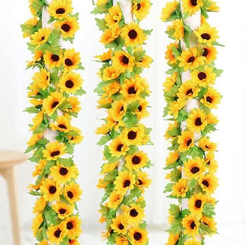2 pcs Artificial Sunflower Garland,Sunflower Vine with Leaves,Hanging Garland with Green Leaves,Outdoor false flower arch,arrangement for Wedding Party Anniversary Home Office Table Centerpiece Decor