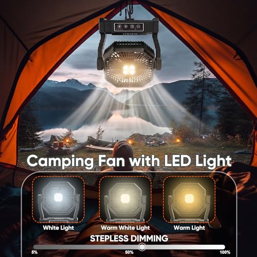 COZII 20000mAh Desk Fan Camping Fan, Portable Fan Rechargeable 4 Speeds with LED Light, Hanging Hook, Remote Control and Timer, Outdoor Battery Powered Fan for Camping Travel Office