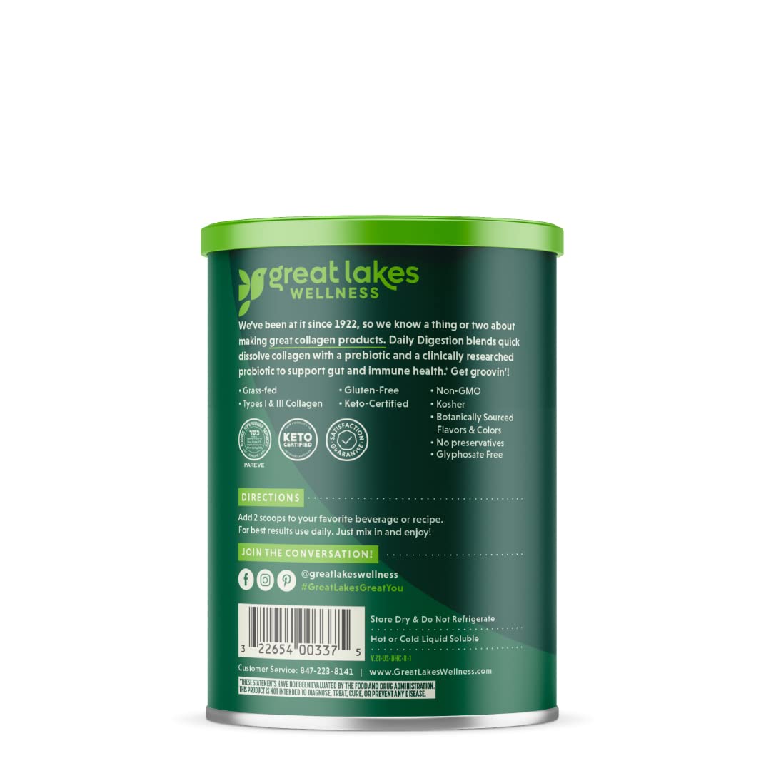 Great Lakes Wellness Daily Digestion Collagen Peptides - Honey + Cinnamon - Digestive, Immune Health, Probiotics, Prebiotics, Vitamin C - Kosher, Non-GMO, Keto, Gluten-Free - 8 oz Canister