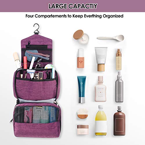 Hanging Toiletry Bag, Hizek Portable Travel Toiletry Bag Waterproof Large Capacity Cosmetic Organizer for Women with 4 Compartments & 1 Sturdy Hook,Perfect for Travel/Daily Use (Fuchsia)