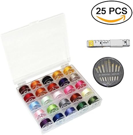 YiwerDer 25Pcs Bobbins and Sewing Threads with Bobbin Case, Pre-wound Bobbins Set for Brother Singer Babylock Janome Kenmore Sewing Machine, with Free Sewing Needles Box and Measuring Tape