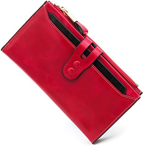 Womens Oil Waxy Genuine Leather Wallet with Zipper Pocket Large Capacity Purse Red