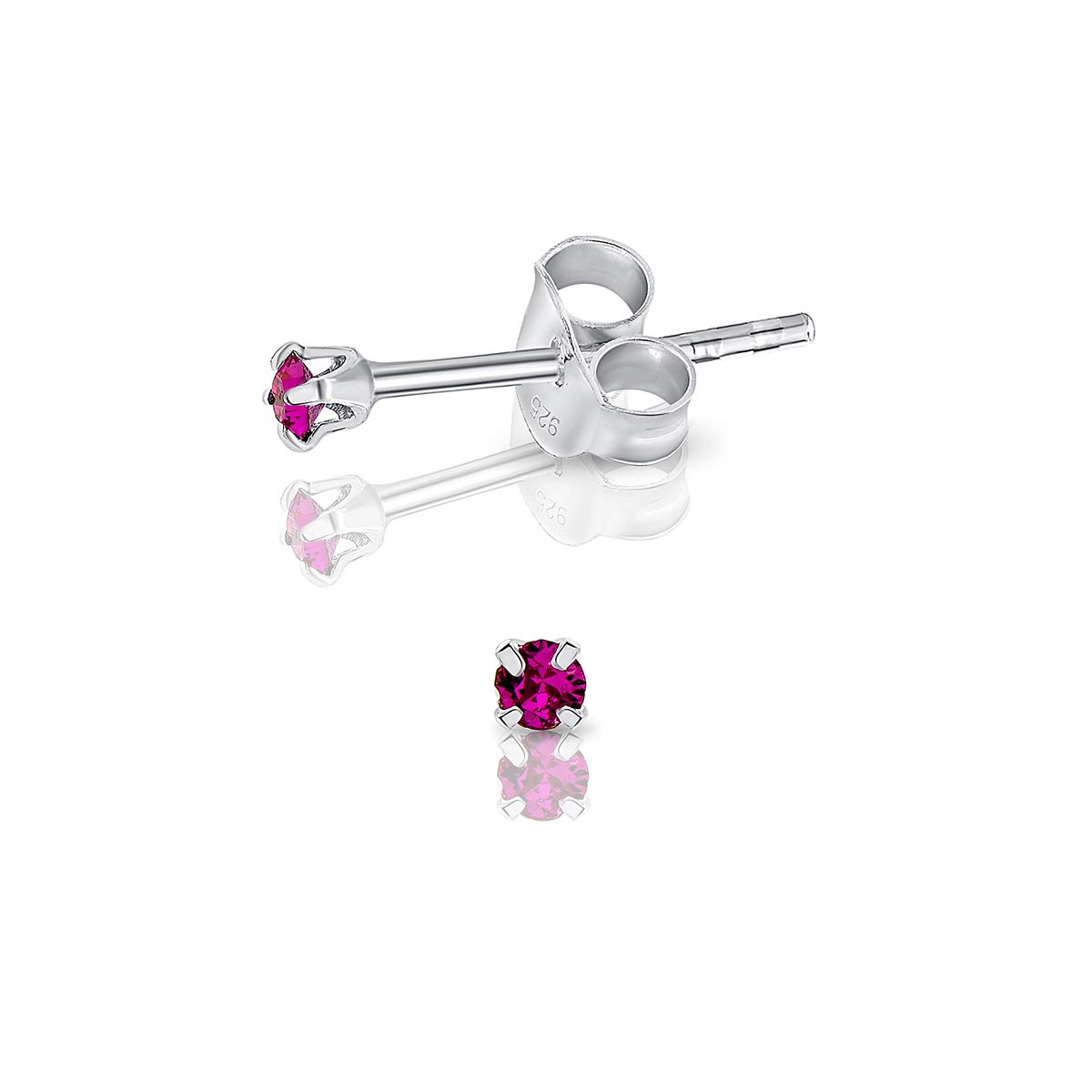 925 Sterling Silver Round Tiny Stud Earrings made with Glittering Crystals - Small Silver Studs Earrings for Woman - Diameter: 2 mm - Colour : Fuchsia