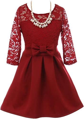 BluNight Collection Big Girls Elegant Floral Lace Illusion Top Pearl Necklace Holiday Flower Girl Dress Burgundy 8 (2J1K0S4)