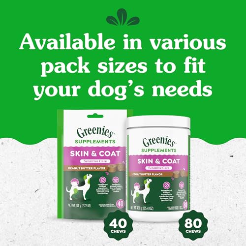 GREENIES SUPPLEMENTS DOG SKIN AND COAT SUPPLEMENTS WITH OMEGA 3 FATTY ACIDS & FISH OIL FOR DOGS, CHICKEN-FREE FORMULA, PEANUT BUTTER FLAVOR, 7.37 OZ, 40 COUNT