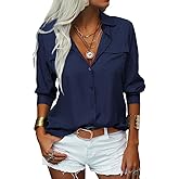 Veatzaer Womens Solid Lapel Long Sleeves Button Down Shirt Top Casual Basic Office Blouse
