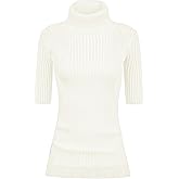 v28 Women Turtleneck 1/2 Half Sleeve Highly Stretchy Ribbed Knit Fitted Sweater