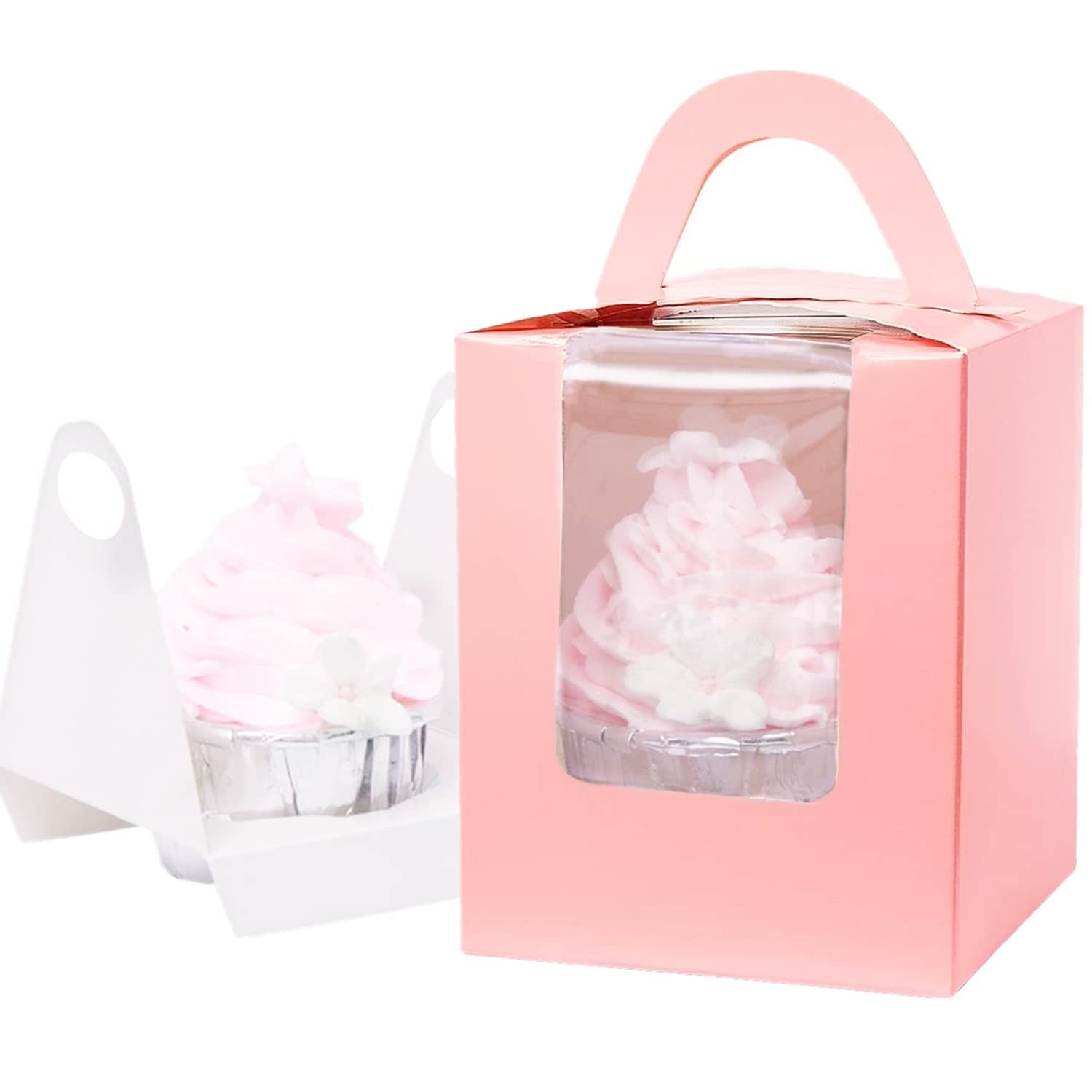 Gbateri 60 PCS Single Cupcake Boxes Cupcake Carrier with Handle and Window, Pink Individual Cupcake Box Pastry Muffins Containers Treat Gift Boxes Mini Cavity Cake Boxes for Cookies, Party Favors