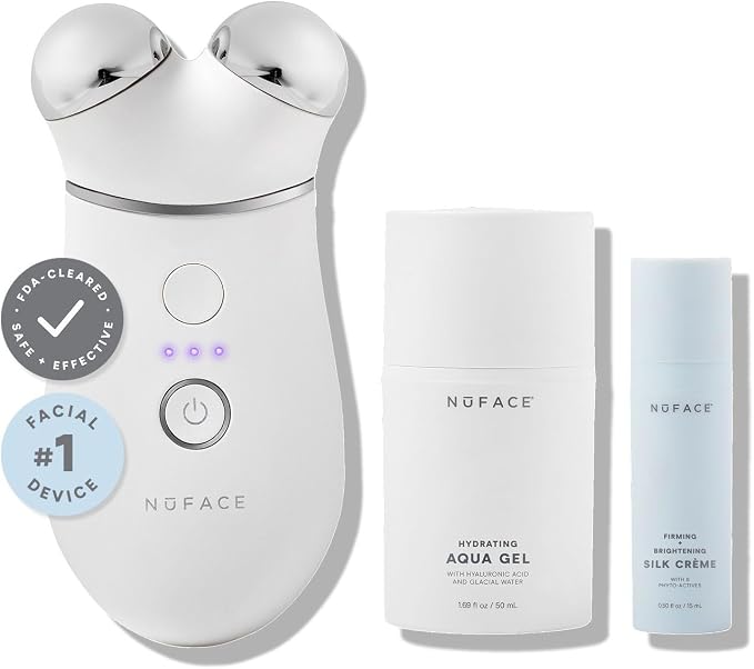 NuFACE TRINITY+ Microcurrent Facial Device Kit - FDA Cleared Face Sculpting and Neck Tightening Device to Contour Cheeks and Brows with Microcurrent Gel Activator and Silk Creme