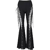 Insgoth Y2k Bell Bottom Pants for Woman Gothic Black Lace-Up Cutout Stretch Punk