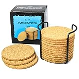 Natural Cork Coasters for Drinks - 16pc Set with Metal Holder Storage Caddy - Absorbent Round Edge 4” Absorbent, Cups & Mugs, Eco-Friendly, Heat-Resistant, Reusable Saucers for Cold Drinks, Wine Glass