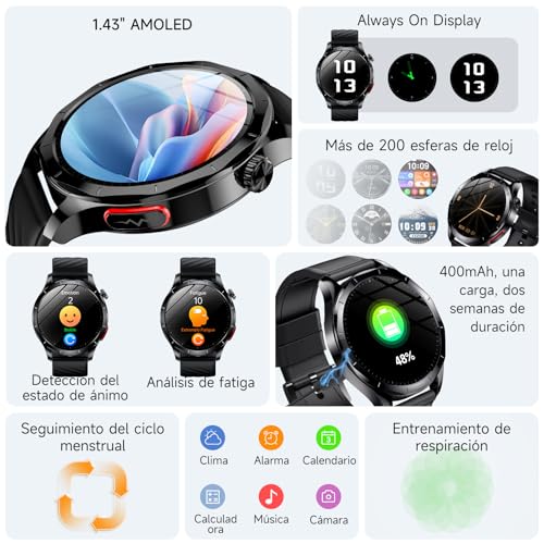 2026 ECG Men's Smart Watch with HRV/BMI/Blood Pressure, 1.43 Inch AMOLED Smartwatch with 24H Blood Pressure Heart Rate Monitor SpO2 Body Temperature Sleep Monitor Activity Bracelet, Android iOS