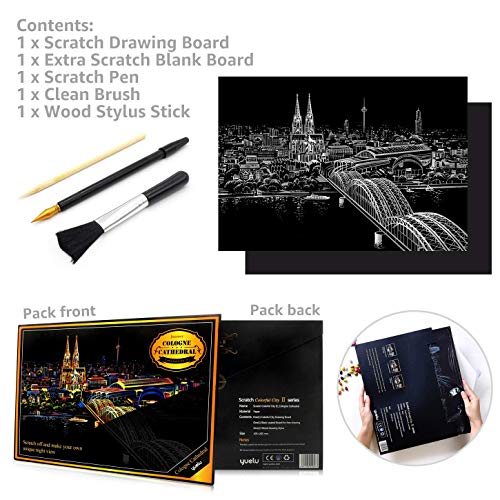 Ageqi Scratch Art Paper Rainbow Painting Sketch Pad for Adult and Kids, DIY Night View Scratchboard - 16'' x 11.2'' with 3 Tools (Cologne Cathedral)