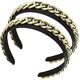 BaBakiak Black Gold Chain Headband 2Pcs, Chained Headband for Women Slip Punk Style, Wide Fashion Hair Band