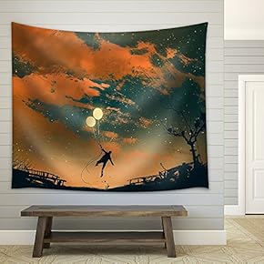 Man Flying with Balloon Lights at Sunset,Illustration Painting - Fabric Wall Tapestry Home Decor - 51x60 inches