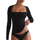 REORIA Fall Sexy Basic Square Neck Tops for Women Long Sleeve Double Lined Full Length Fitted T Shirts Tops