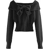 Verdusa Women's Bow Sweater Foldover Cinched Waist Crop Tops Trendy Fall Lightweight Knit Pullover Sweaters