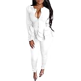 Tbahhir Women's Blazer Suits 2 Piece Sets Pants Sexy V Neck Ruffle Business Casual Bodycon Outfits Clubwear