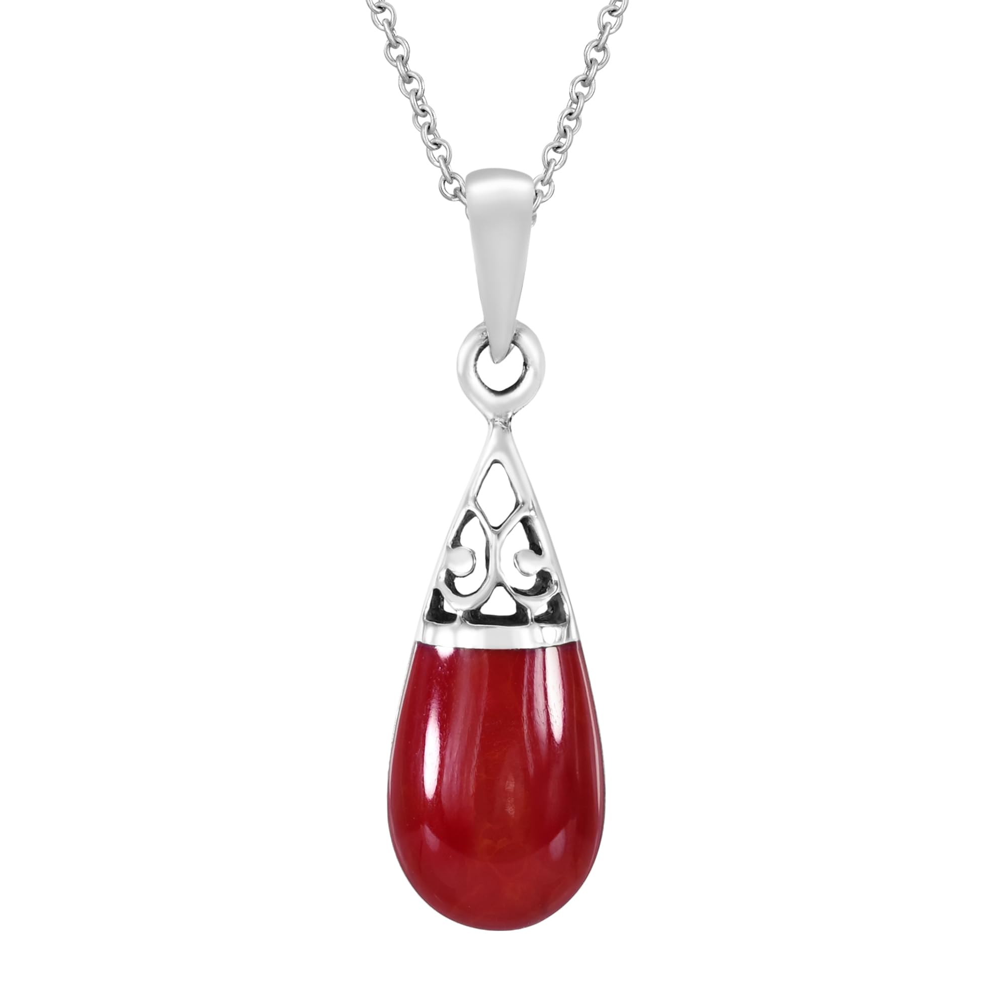 AeraVida Filigree Swirl Teardrop Reconstructed Red Coral Inlay .925 Sterling Silver Necklace
