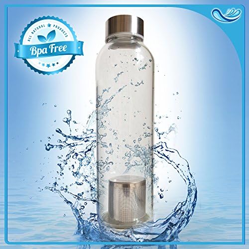 Glass Water Bottle Set w/Fruit Infuser With Leak Proof Technology and Protective Neoprene Sleeve (navy) BPA Free Borosilicate Glass 18.5 oz