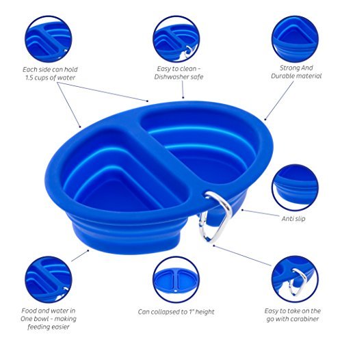 AAVOL 2 in 1 Collapsible Pet Bowl, Blue Feeding Bowl for Dog and Cat, Travel 2 Sided Bowl, Food Grade Silicone, BPA Free, FDA Approved, Foldable, Portable, Expandable, Free Carabiner