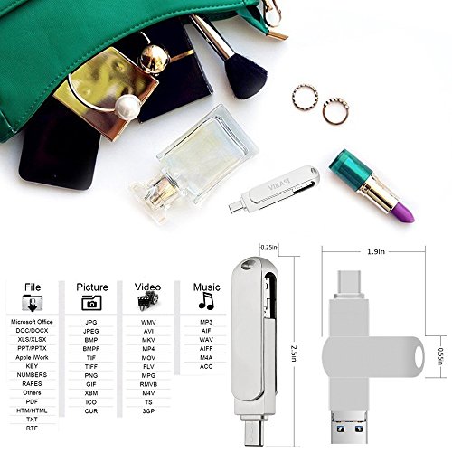 VIKASI USB Flash Drive for iPhone, USB 3.0 Memory Stick 32GB with iPhone Lightning Adapter, USB Type C Thumb Drive for iPhone X/iPad/iPod/Mac/Android/PC/iOS 3 in 1