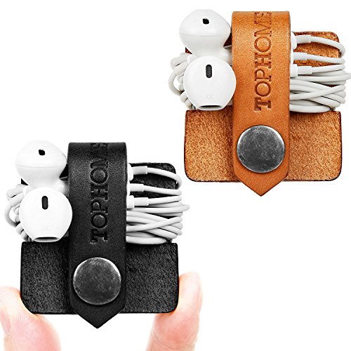 TOPHOME Cord Organizer Earbud Holders Earphone Wrap Earphones Organizer Headset Headphone Earphone Wrap Winder Cord Manager Cable Winder with Genuine Leather Handmade (Black&Orange,Set of 2)