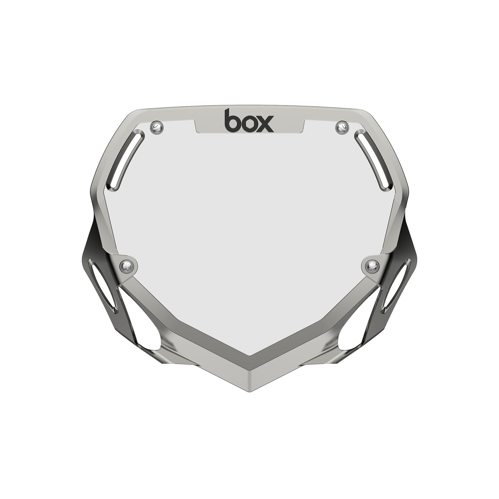 Photo 1 of Box Two Chrome 3D Impact Resistant BMX Bike Number Plate w/Adjustable Straps for Adults, Mini, Strider, Plate Bikes, Bicycle Parts 100% Quality Guaranteed, Large | Silver