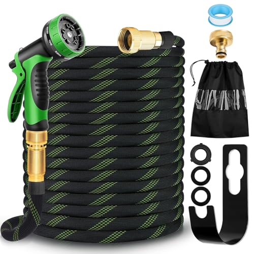Garden Hose 15 m with 10 Modes Irrigation Gun | TPE Lightweight Anti-Tangle Kit | For Irrigation and Car Wash, Brass Connections 1/2" & 3/4" | Aluminium/Copper Adapter