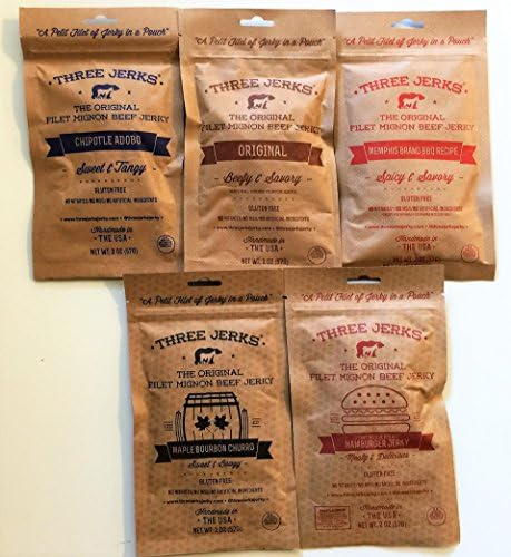 Three Jerks Jerky Ultimate Sampler (Try All 5 Flavors) Original, BBQ, Chipotle, Hamburger, Maple Bourbon