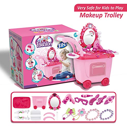 Buddynbuddies 3 in 1 Pretend Makeup & Salon Trolley, 21 PCS Pretend Dress-up Kit for Little Princess Toddler Girl, Glamour Girl Pretend Play Makeup Set for Children 3 Years Old and Up