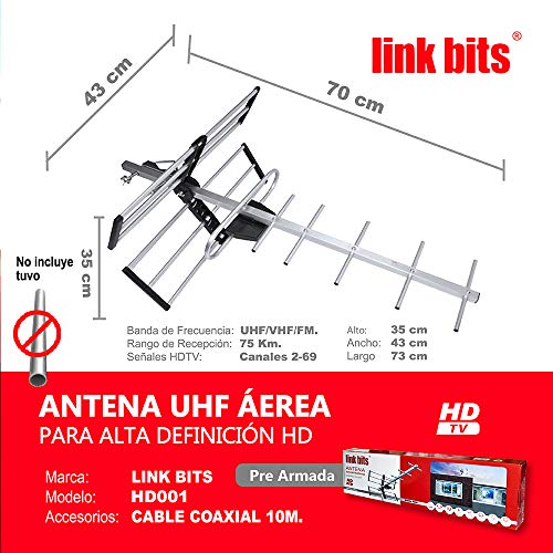 LINK BITS HD001 Antena Exterior aérea HDTV de Largo Alcance, Alcance Amplificado, 12 Elementos, Alta definición, (fácil de Instalar).