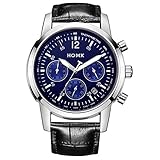 HOWK Business Casual Men’s Date Multifunctional Quartz Wrist Watch Blue Dial Black Leather Strap