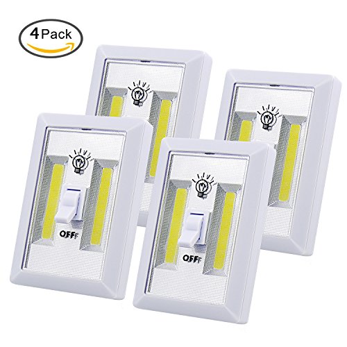 LED Night Light Under Cabinet lighting , 200 Lumen COB LED Cordless Stick-on Light Switch Battery Operated for Closet, Shelf, Cabinet, Kitchen,Garage, Boat, RV, Camping, Daylight White, 4-Pack