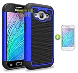 SaveUpMore Hybrid Dual Layer Rubber Bumper Protective Case for Samsung Galaxy J1 Bundle with Screen Protector - Blue