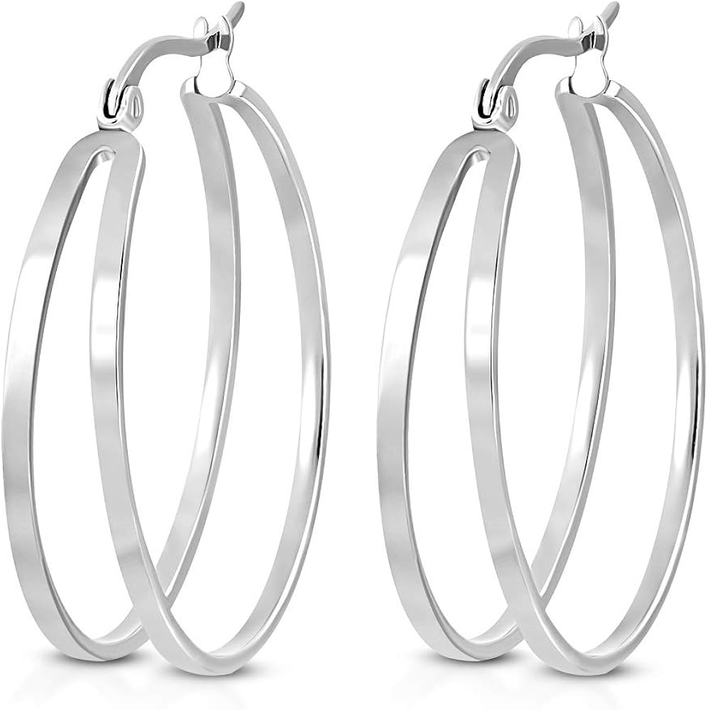 Stainless Steel SilverTone Round Double Hoop Earrings, 1.