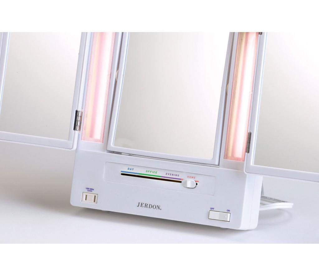 Jerdon JGL9W Tabletop TriFold TwoSided Lighted Makeup Mirror with 5x