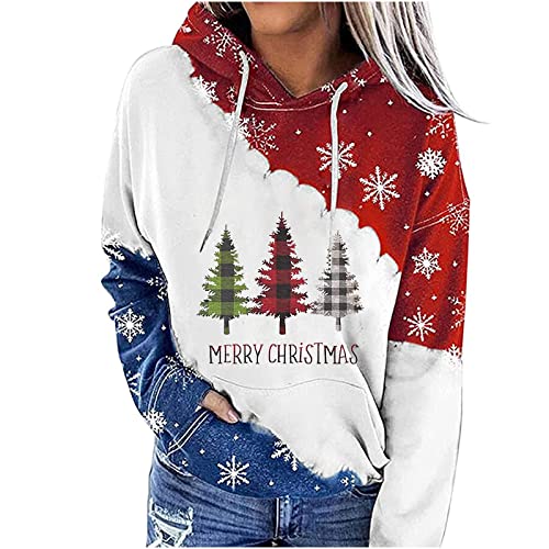 Ladies Hoodie Women'S Christmas Printed Color Block Hooded Long