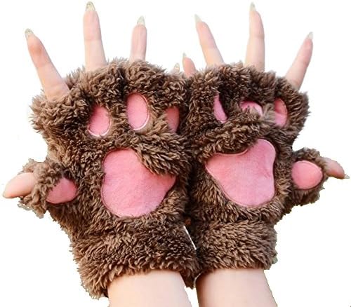 RICCOS (TM) Fashion Women Winter Knitted warm Carton Bear Paw Plush Half Finger Gloves Mitten (Light Brown)
