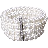 Asphire Vintage Faux Pearl Bracelet 4-Row Pearl Stretch Bracelet Multi-Layered Pearl Elastic Bangle Bridal Wedding Jewelry 1920s Flapper Costume Accessories for Women