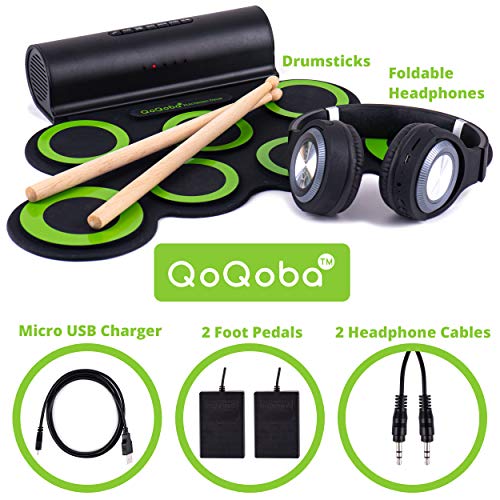QoQoba Electronic Drum Set for Kids | Adult Beginner Pro MIDI Drum Kit Practice Pad Incl. Foldable Headphone | Drum Sticks | Builtin Speaker-Battery | Great Holiday Birthday Gift for Kids Drum Set
