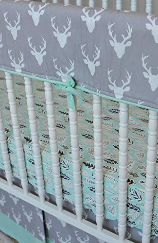 Lavender Linens Buck Forest Crib Bedding in Gray and MInt (Rail Cover, skirt, sheet)
