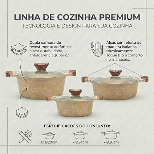 Jogo de Panelas 6 Peças Vanila Alumínio Revestimento Cerâmico Antiaderente Fogão Indução Eletrico Gás e Vitroceramico