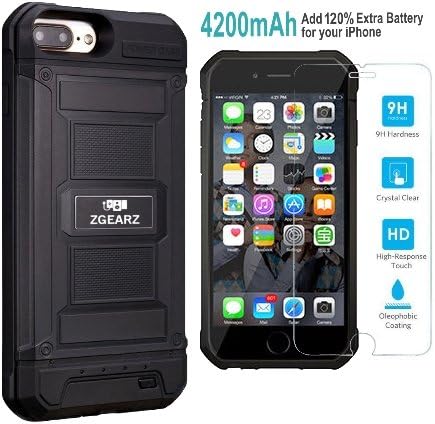 ZgearZ iPhone 8 Plus Battery Case Heavy Duty Extended Backup Charging Full Protective with TPU Bumper Rugged Power Pack for Apple iPhone 8/7/6/6S Plus 5.5 in. Included Tempered Glass Screen Protector