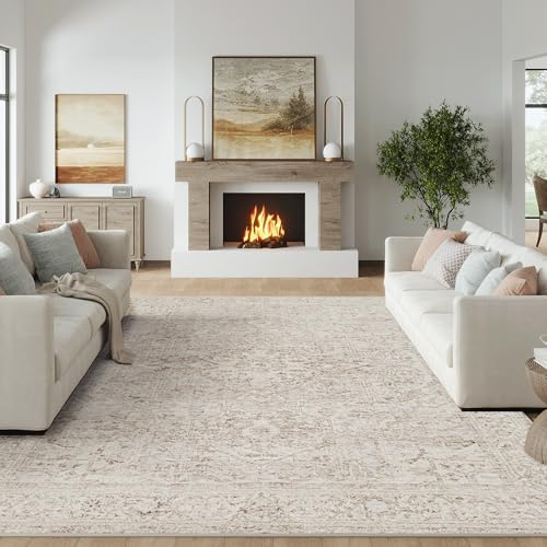 Fmfunctex 8x10 Washable Area Rug Beige Vintage Neutral Distressed Oriental Large Non Slip Carpet for Living Room Bedroom Soft Low Pile Tapis Salon Indoor Mat Retro Throw Rug for Dining Kitchen Office