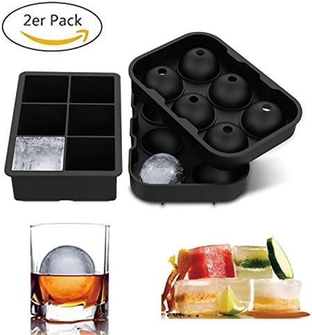 Ice Cube Trays Silicone, Sphere Round Ice Ball Maker and Large Square Ice Cube Mold, set of 2, Reusable and BPA Free, Easy Release, for Whiskey and Cocktails, Keep Drinks Chilled (black)