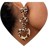 Large Leopard Print Heart Drop Earrings, Gold Tone, Triple Tiered Dangle Design, Fashion Statement Jewelry